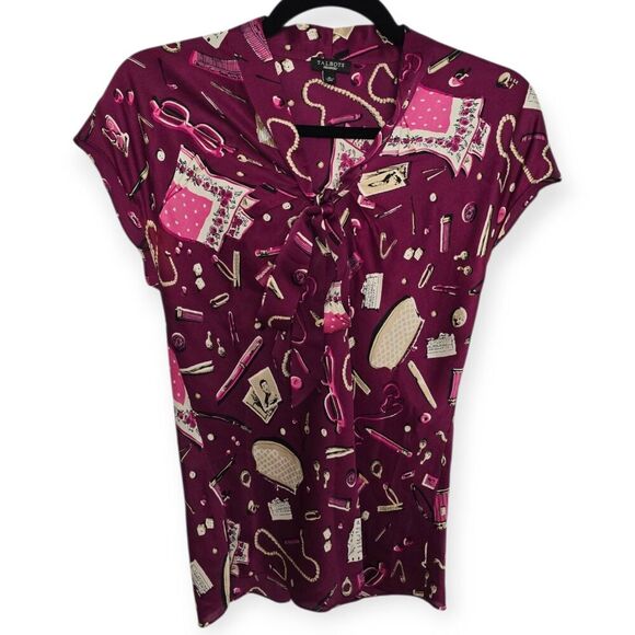 Talbots Tops - Talbots Size 6 Maroon Tie Front Silk Pullover Retro Print Blouse Top